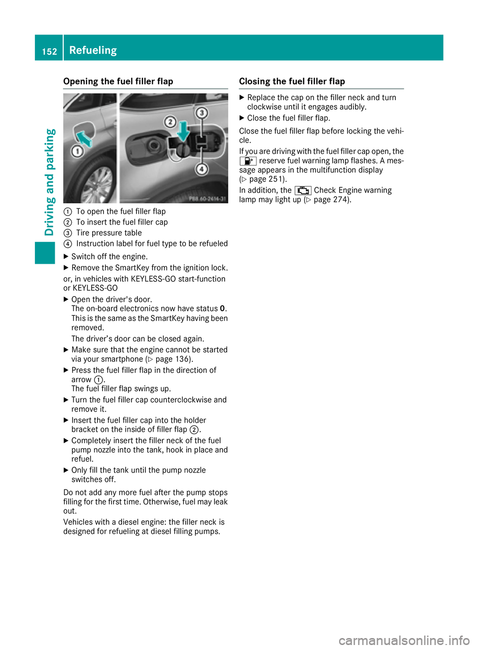 MERCEDES-BENZ GLE-CLASS COUPE 2016  Owners Manual Opening the fuel filler flap
:To open the fuel filler flap
;To insert the fuel filler cap
=Tire pressure table
?Instruction label for fuel type to be refueled
XSwitch off the engine.
XRemove the Smart