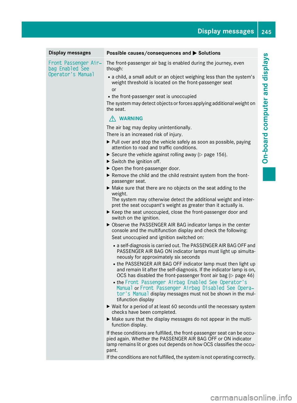 MERCEDES-BENZ GLE-CLASS COUPE 2016  Owners Manual Display messagesPossible causes/consequences andMSolutions
FrontPassengerAir‐bag Enable dSeeOperator' sManual
The front-passenger air bag is enabled during th ejourney, eve n
though :
Rachild, a