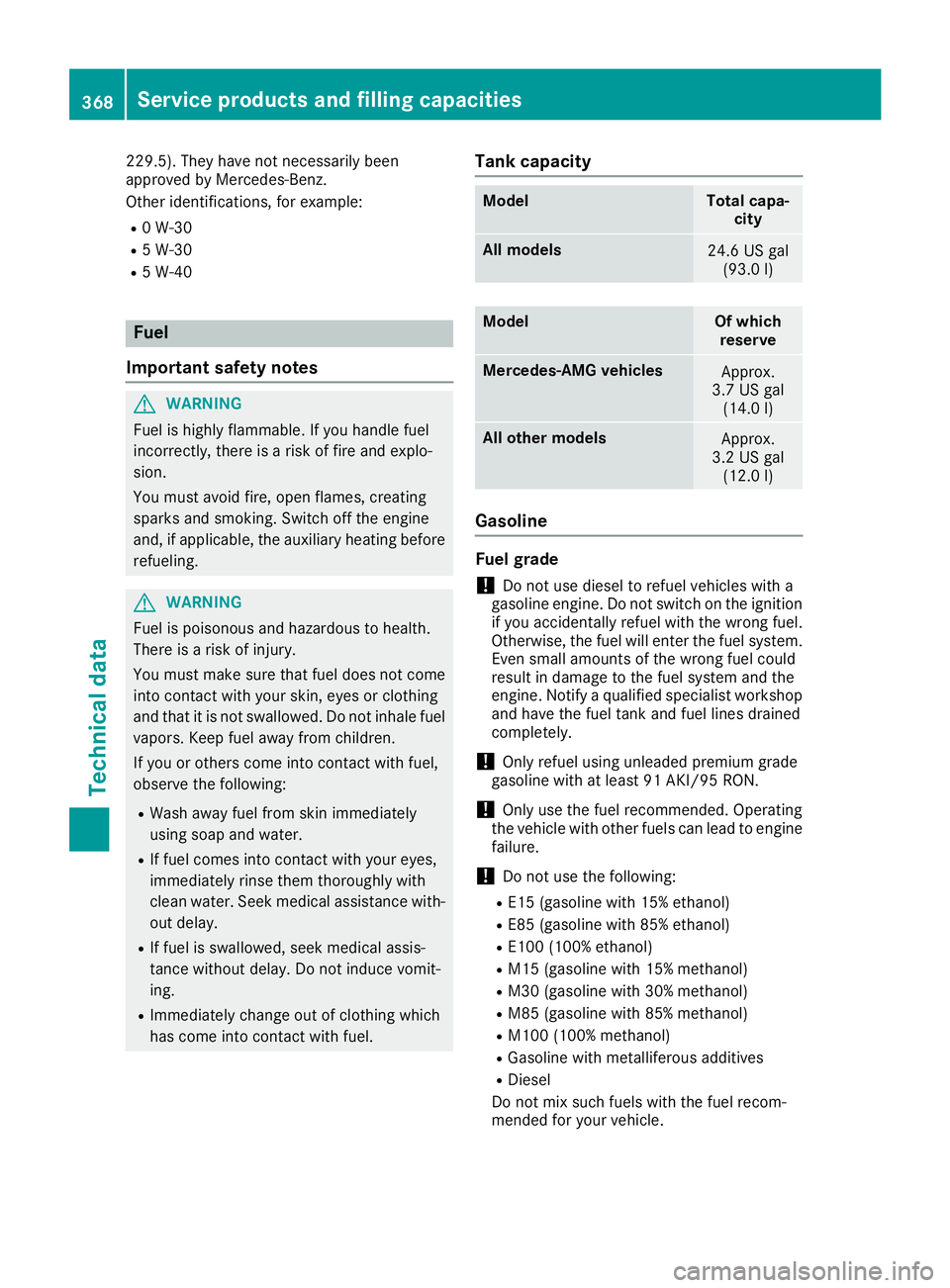 MERCEDES-BENZ GLE-CLASS COUPE 2016  Owners Manual 229.5). They have not necessarily been
approved by Mercedes-Benz.
Other identifications, for example:
R0 W-30
R5 W-30
R5 W-40
Fuel
Important safety notes
GWARNING
Fuel is highly flammable. If you hand