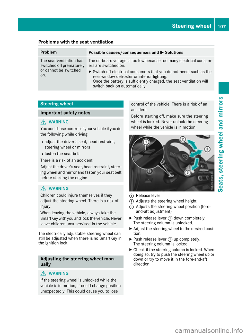 MERCEDES-BENZ GLE-CLASS SUV 2016  Owners Manual Problems with the seat ventilation
ProblemPossible causes/consequences andMSolutions
The seat ventilation has
switched off prematurely
or cannot be switched
on.The on-board voltage is too low because 