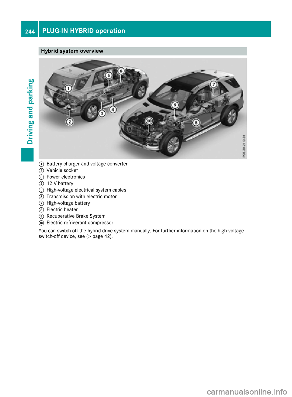 MERCEDES-BENZ GLE-CLASS SUV 2016  Owners Manual Hybrid system overview
:Battery charger and voltage converter
;Vehicle socket
=Power electronics
?12 V battery
AHigh-voltage electrical system cables
BTransmission with electric motor
CHigh-voltage ba