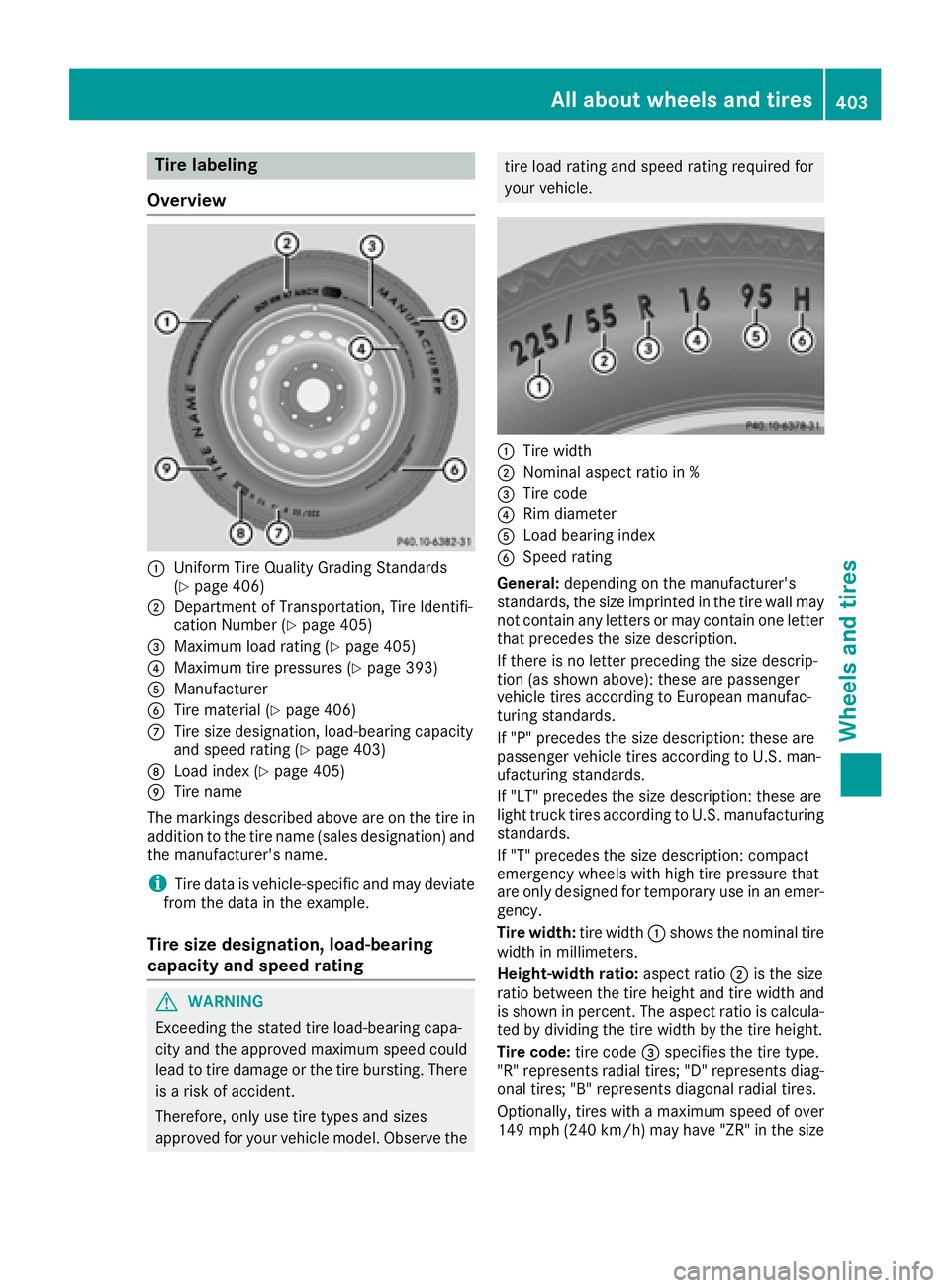 MERCEDES-BENZ GLE-CLASS SUV 2016  Owners Manual Tire labeling
Overview
:Uniform Tire Quality Grading Standards
(Ypage 406)
;Department of Transportation, Tire Identifi-
cation Number (Ypage 405)
=Maximum load rating (Ypage 405)
?Maximum tire pressu