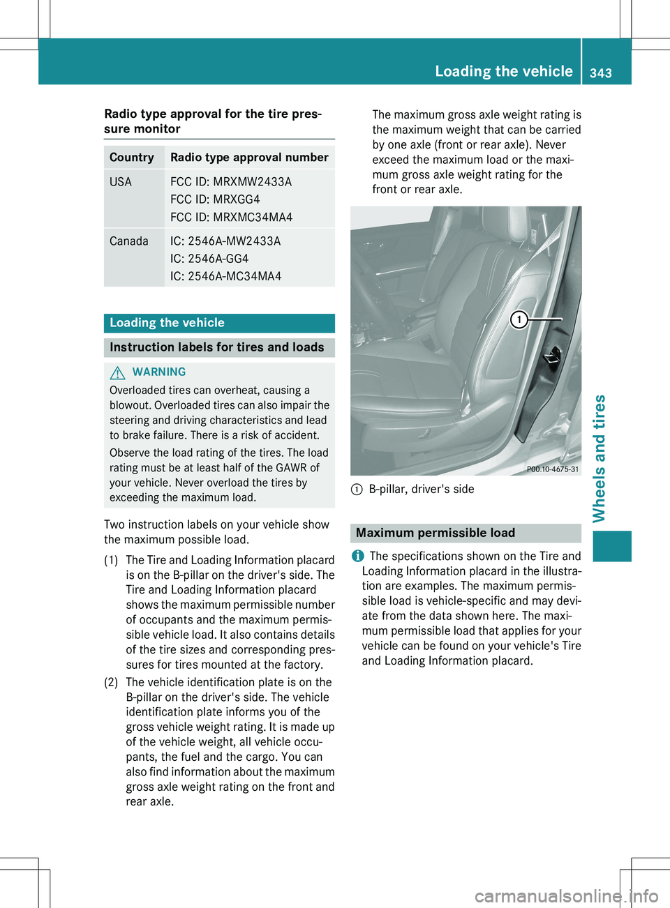 MERCEDES-BENZ GLK-CLASS SUV 2015  Owners Manual Radio type approval for the tire pres- 
sure monitor
CountryRadio type approval number
USAFCC ID: MRXMW2433A 
FCC ID: MRXGG4
FCC ID: MRXMC34MA4
CanadaIC: 2546A-MW2433A 
IC: 2546A-GG4
IC: 2546A-MC34MA4