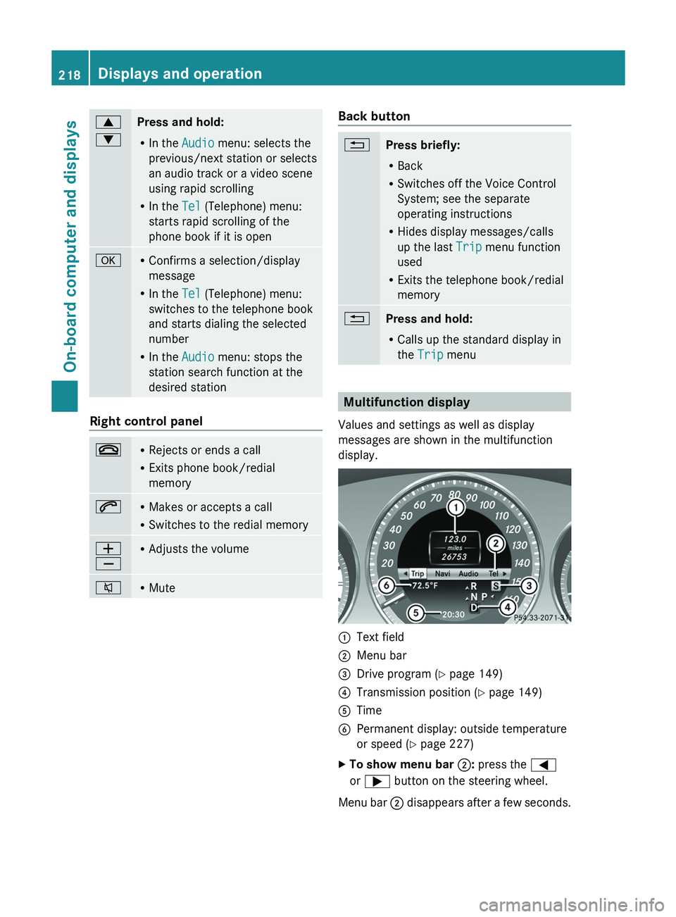 MERCEDES-BENZ GLK-CLASS SUV 2013  Owners Manual 0063
0064
Press and hold:
R
In the  Audio menu: selects the
previous/next station or selects
an audio track or a video scene
using rapid scrolling
R In the  Tel (Telephone) menu:
starts rapid scrollin