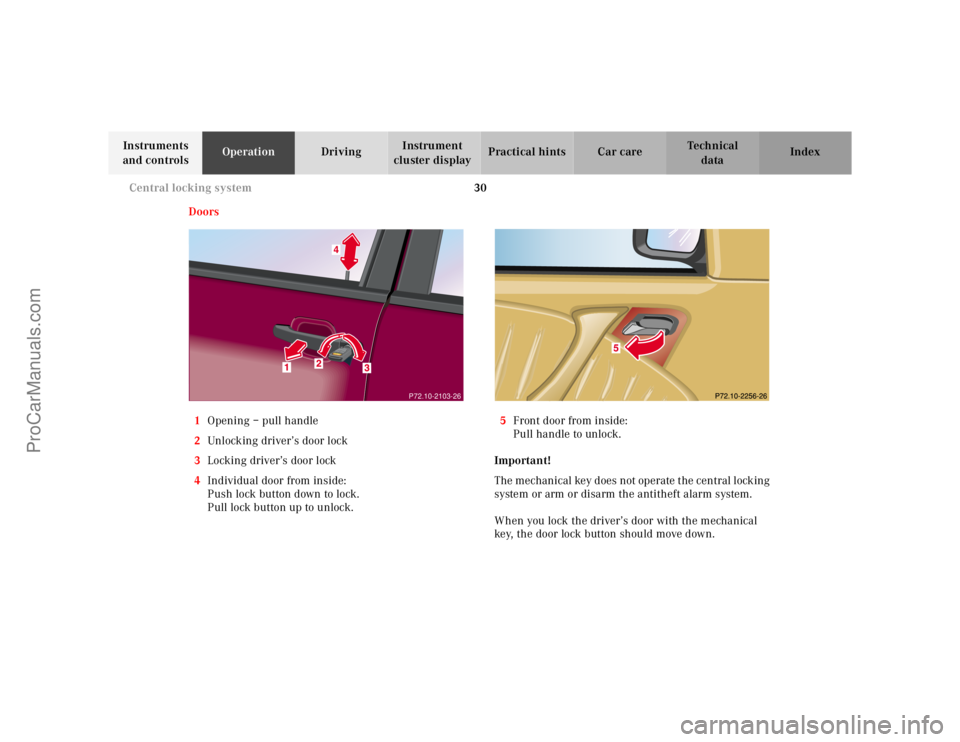 MERCEDES-BENZ M-CLASS 2000  Owners Manual 30 Central locking system
Te ch n ica l
data Instruments 
and controlsOperationDrivingInstrument 
cluster displayPractical hints Car care Index
Doors
1Opening – pull handle
2Unlocking driver’s doo