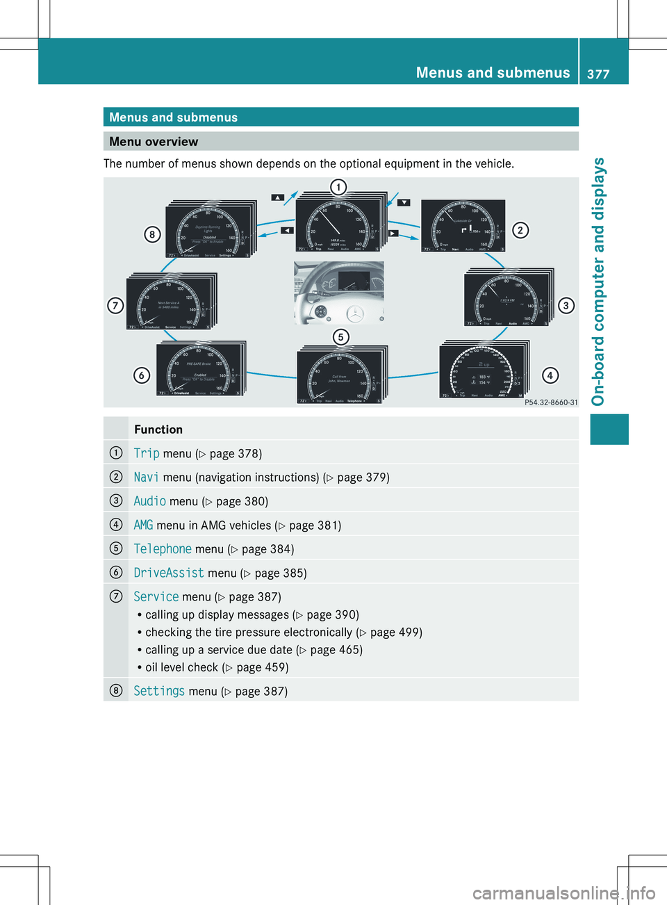 MERCEDES-BENZ S-CLASS SEDAN 2012  Owners Manual Menus and submenus
Menu overview
The number of menus shown depends on the optional equipment in the vehicle.
Function:Trip  menu ( Y page 378);Navi  menu (navigation instructions) ( Y page 379)=Audio 