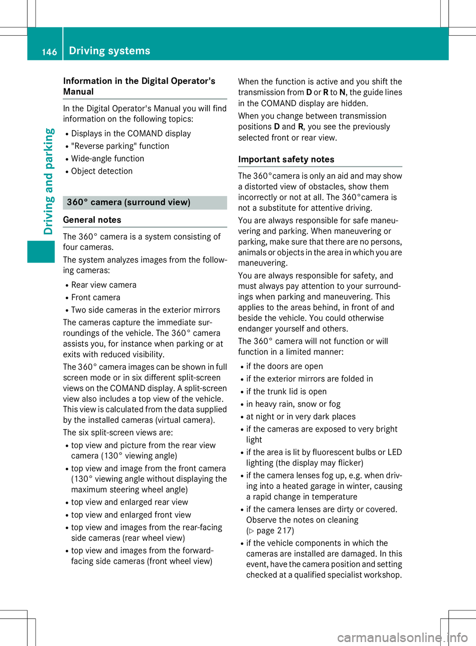 MERCEDES-BENZ S-COUPE 2015  Owners Manual Information in the Digital Operator's 
Manual
In the Digital Operator's Manual you will find 
information on the following topics: RDisplays in the COMAND display
R "Reverse parking" f