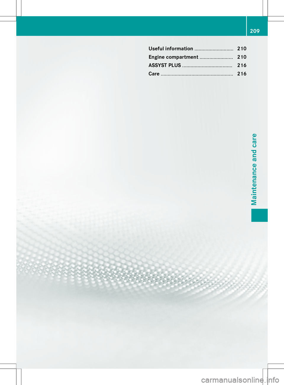 MERCEDES-BENZ S-COUPE 2015  Owners Manual Useful information............................210
Engine compartment ........................210
ASSYST PLUS .................................... 216
Care .............................................