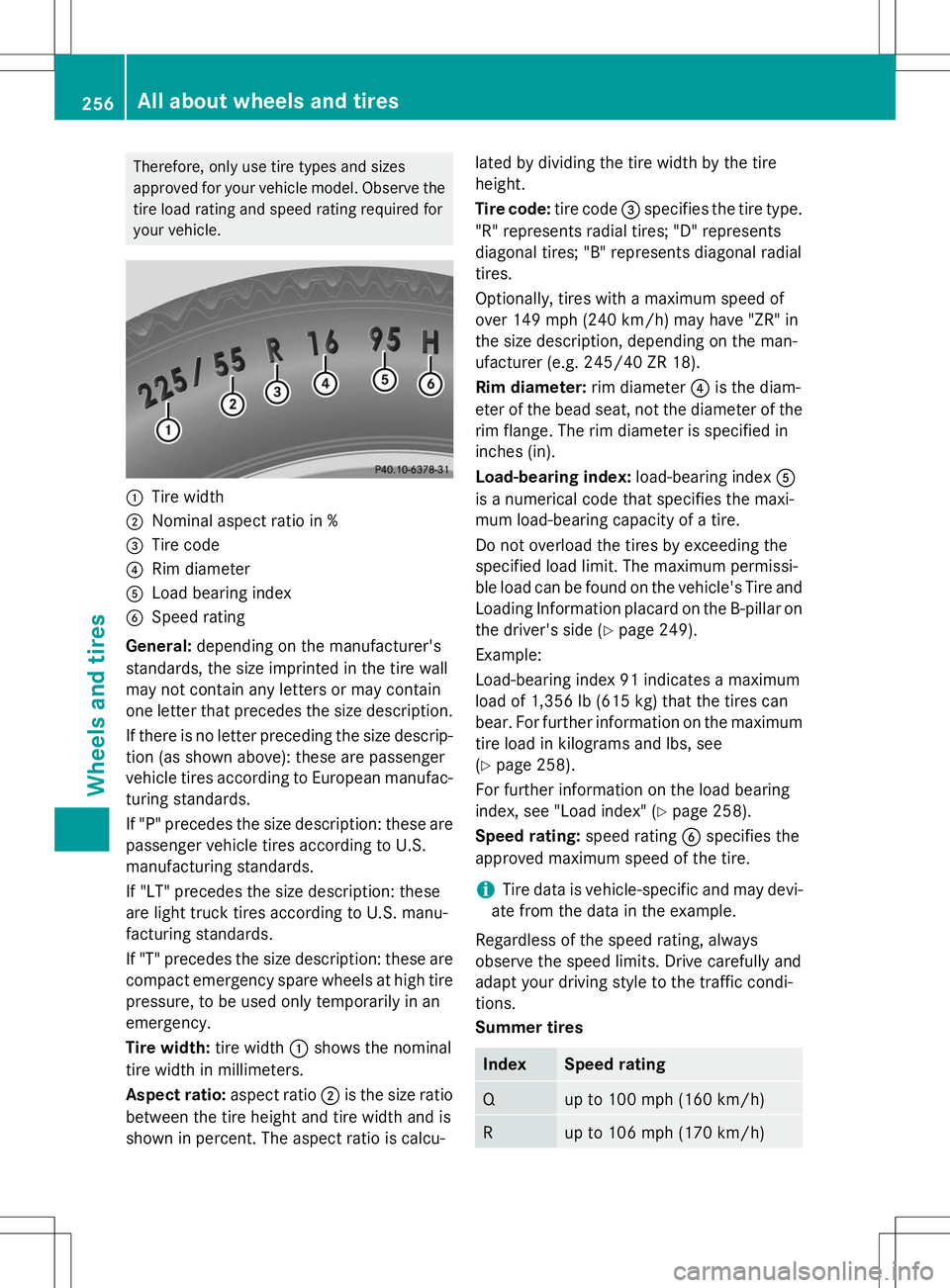 MERCEDES-BENZ S-COUPE 2015  Owners Manual Therefore, only use tire types and sizes 
approved for your vehicle model. Observe the
tire load rating and speed rating required for
your vehicle.
:Tire width
;Nominal aspect ratio in %
=Tire code
?R