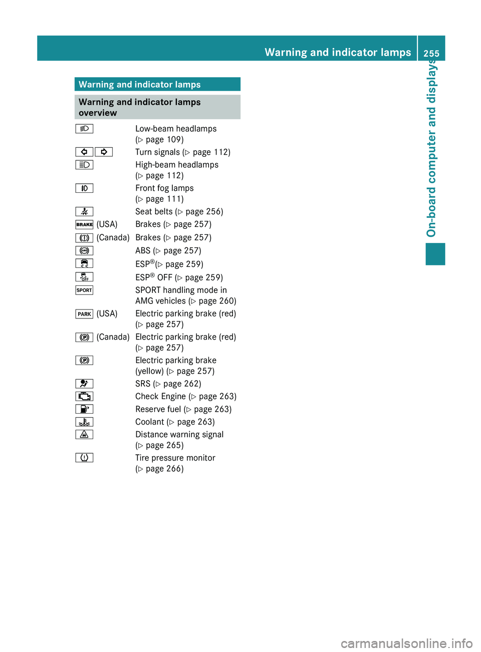 MERCEDES-BENZ SL-CLASS ROADSTER 2013  Owners Manual Warning and indicator lamps
Warning and indicator lamps
overview
L Low-beam headlamps
( Y page 109)
#! Turn signals (Y page 112)
K High-beam headlamps
(Y page 112)
N Front fog lamps
(Y page 111)
7 Sea