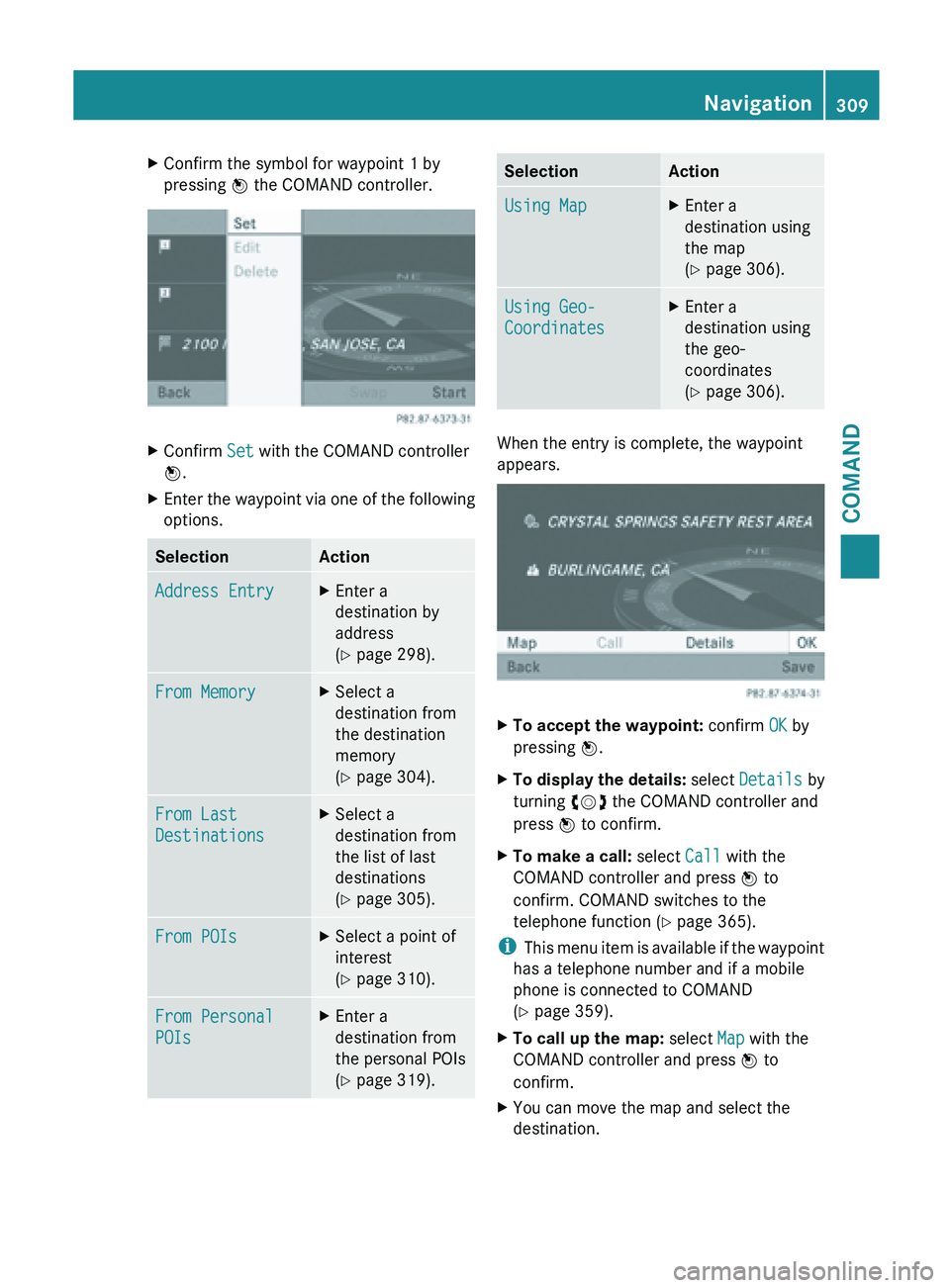 MERCEDES-BENZ SL-CLASS ROADSTER 2013  Owners Manual X
Confirm the symbol for waypoint 1 by
pressing W the COMAND controller. X
Confirm Set with the COMAND controller
W.
X Enter the waypoint via one of the following
options. Selection Action
Address Ent