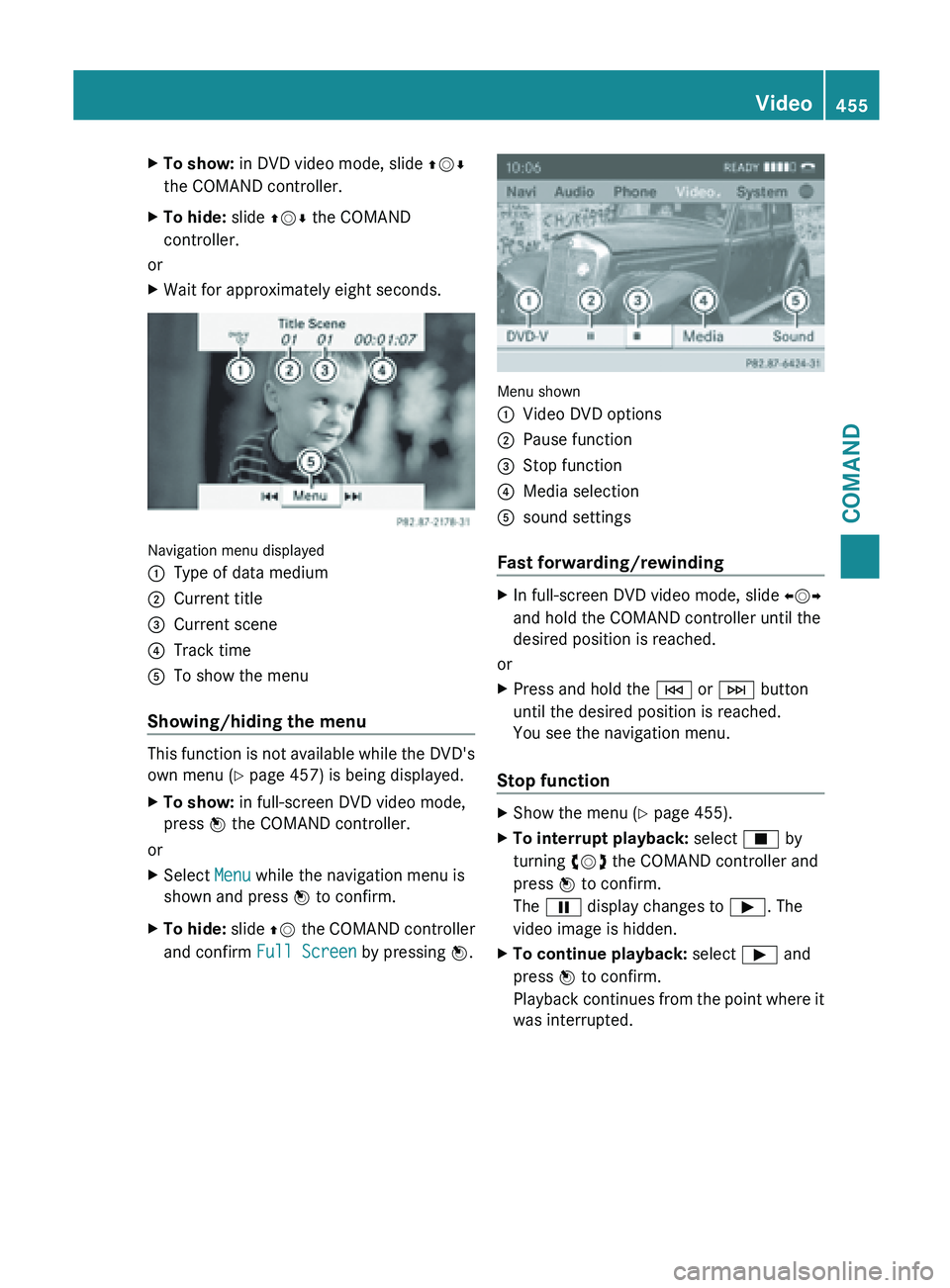 MERCEDES-BENZ SL-CLASS ROADSTER 2013  Owners Manual X
To show: in DVD video mode, slide  ZVÆ
the COMAND controller.
X To hide: slide ZVÆ the COMAND
controller.
or
X Wait for approximately eight seconds. Navigation menu displayed
:
Type of data medium