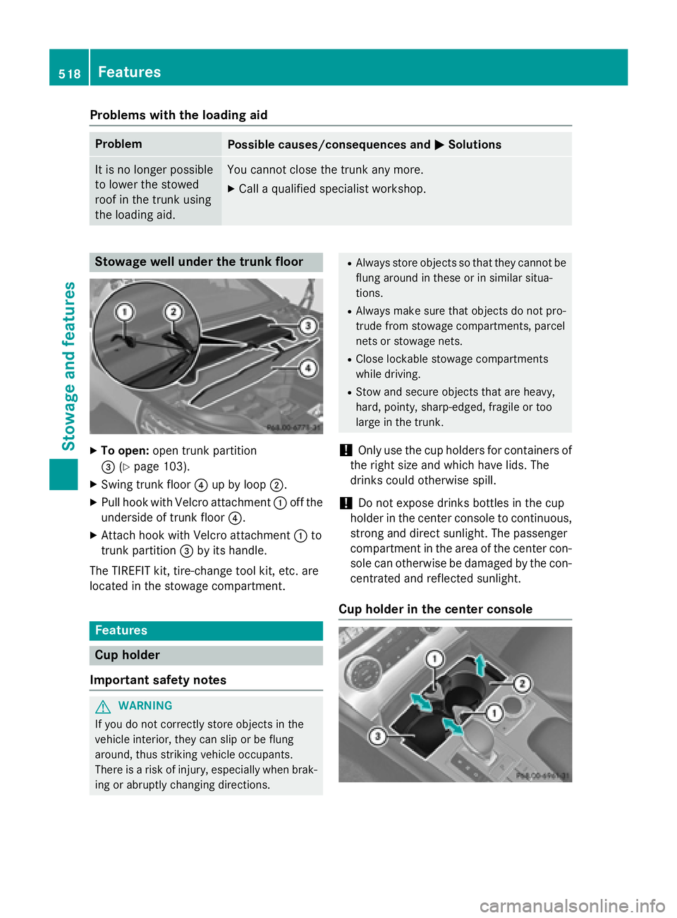 MERCEDES-BENZ SL-CLASS ROADSTER 2016  Owners Manual Problems with the loading aid
ProblemPossible causes/consequences andMSolutions
It is no longer possible
to lower the stowed
roof in the trunk using
the loading aid.You cannot close the trunk any more