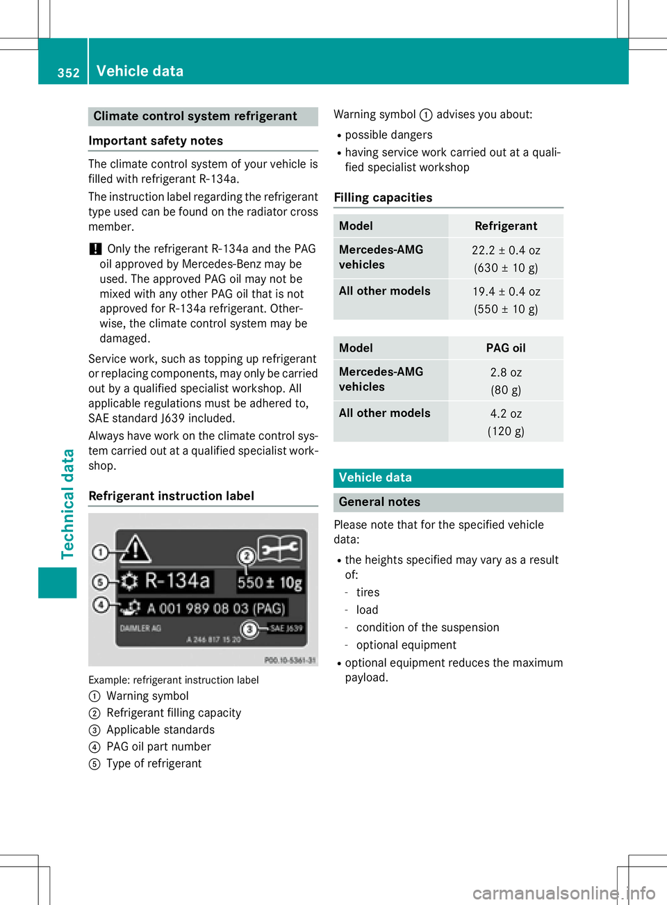 MERCEDES-BENZ SLK-CLASS ROADSTER 2016 Owners Manual Climate control system refrigerant
Important safety notes
The climate control system of your vehicle is
filled with refrigerant R‑ 134a.
The instruction label regarding the refrigerant
type used can MERCEDES-BENZ SLK-CLASS ROADSTER 2016 Owners Manual Climate control system refrigerant
Important safety notes
The climate control system of your vehicle is
filled with refrigerant R‑ 134a.
The instruction label regarding the refrigerant
type used can