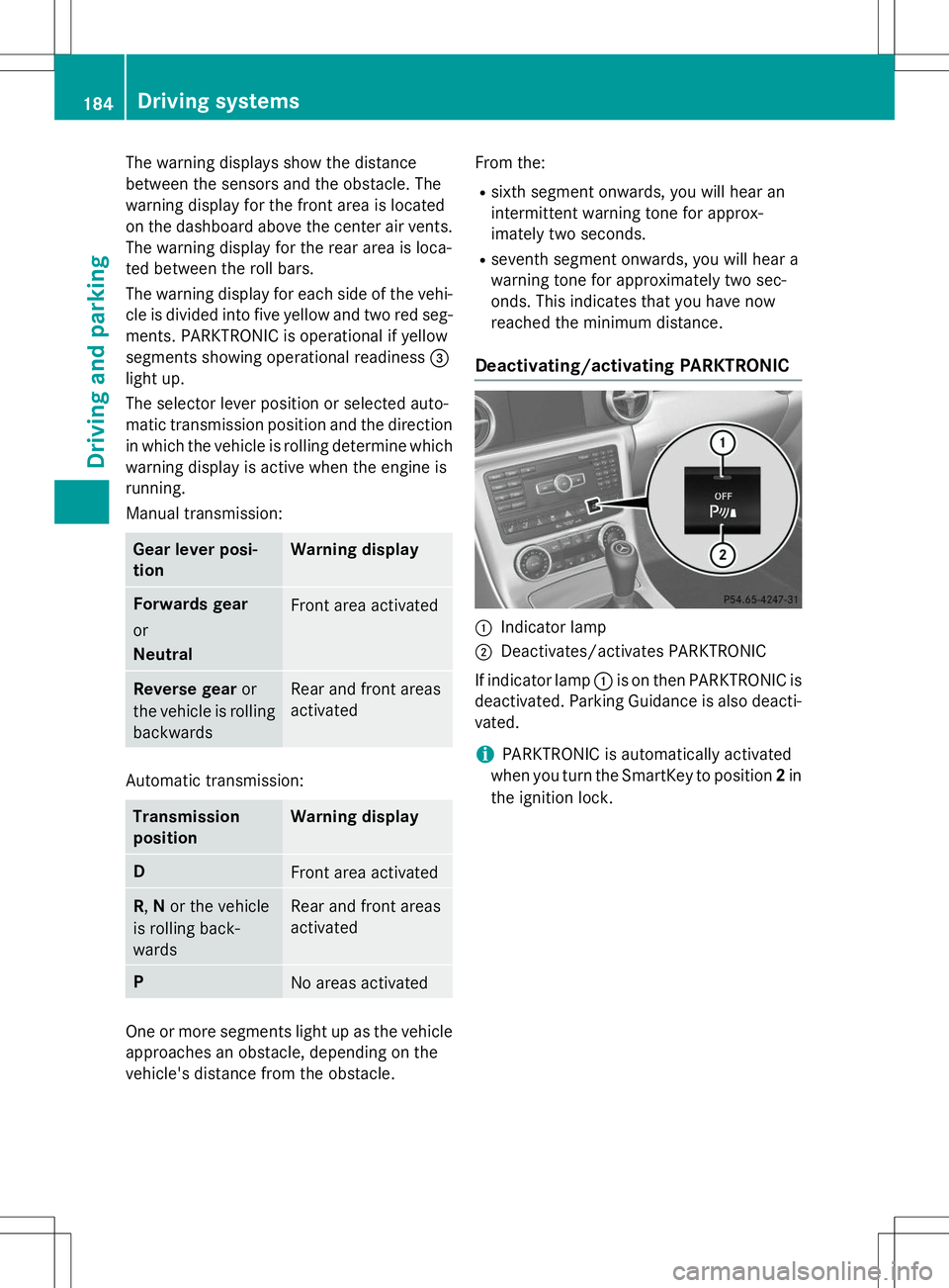 MERCEDES-BENZ SLK-CLASS ROADSTER 2015 Owners Manual The warning displays show the distance
between the sensors and the obstacle. The
warning display for the front area is located
on the dashboard above the center air vents.
The warning display for the MERCEDES-BENZ SLK-CLASS ROADSTER 2015 Owners Manual The warning displays show the distance
between the sensors and the obstacle. The
warning display for the front area is located
on the dashboard above the center air vents.
The warning display for the