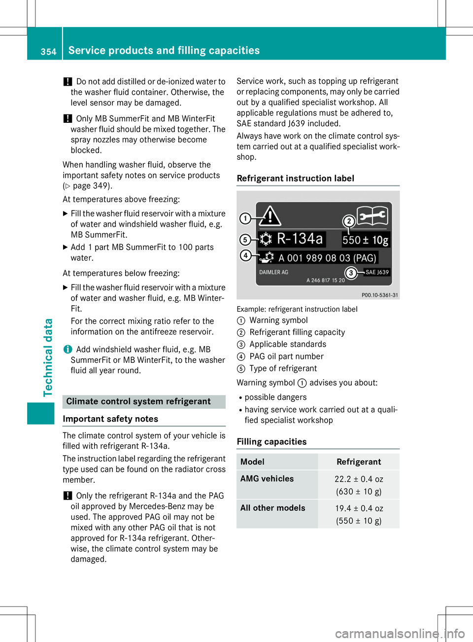 MERCEDES-BENZ SLK-CLASS ROADSTER 2015  Owners Manual !Do not add distilled or de-ionized water to
the washer fluid container. Otherwise, the 
level sensor may be damaged.
!Only MB SummerFit and MB WinterFit
washer fluid should be mixed together. The spr