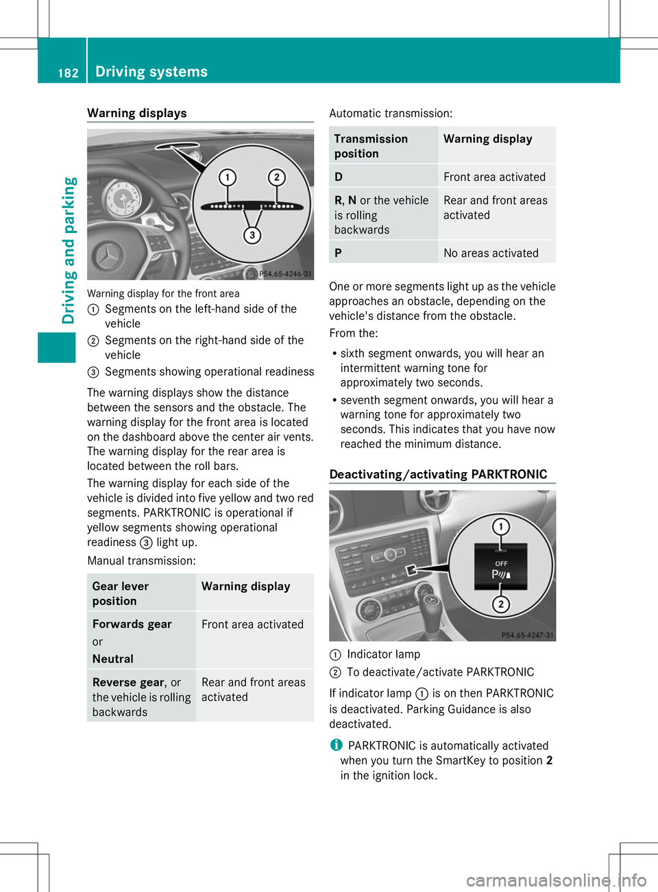 MERCEDES-BENZ SLK-CLASS ROADSTER 2014  Owners Manual Warning displays
Warning display for the front area
:
Segments on the left-hand side of the
vehicle
; Segments on the right-hand side of the
vehicle
= Segments showing operational readiness
The warnin
