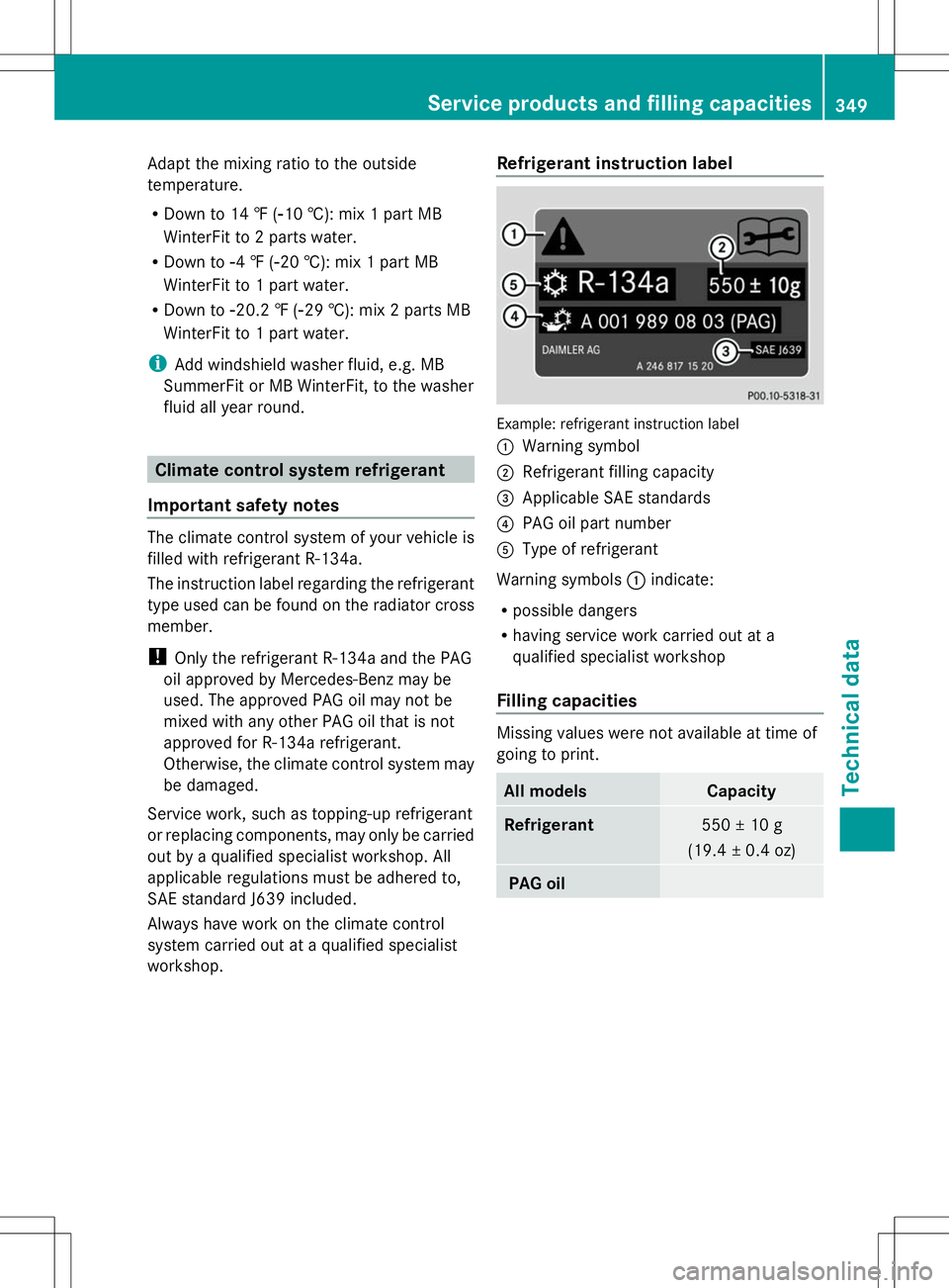MERCEDES-BENZ SLK-CLASS ROADSTER 2014 Owners Manual Adapt the mixing ratio to the outside
temperature.
R Down to 14 ‡ ( Ò10 †): mix 1 part MB
WinterFit to 2 parts water.
R Down to Ò4 ‡ (Ò20 †): mix 1 part MB
WinterFit to 1 part water.
R Down MERCEDES-BENZ SLK-CLASS ROADSTER 2014 Owners Manual Adapt the mixing ratio to the outside
temperature.
R Down to 14 ‡ ( Ò10 †): mix 1 part MB
WinterFit to 2 parts water.
R Down to Ò4 ‡ (Ò20 †): mix 1 part MB
WinterFit to 1 part water.
R Down