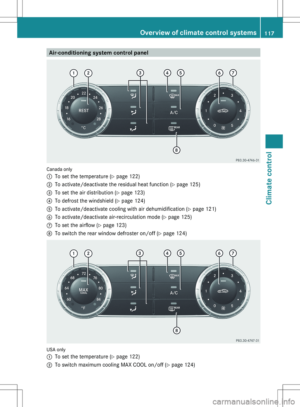 MERCEDES-BENZ SLK-CLASS ROADSTER 2012  Owners Manual Air-conditioning system control panel
Canada only
:To set the temperature (Y page 122);To activate/deactivate the residual heat function ( Y page 125)=To set the air distribution ( Y page 123)?To defr