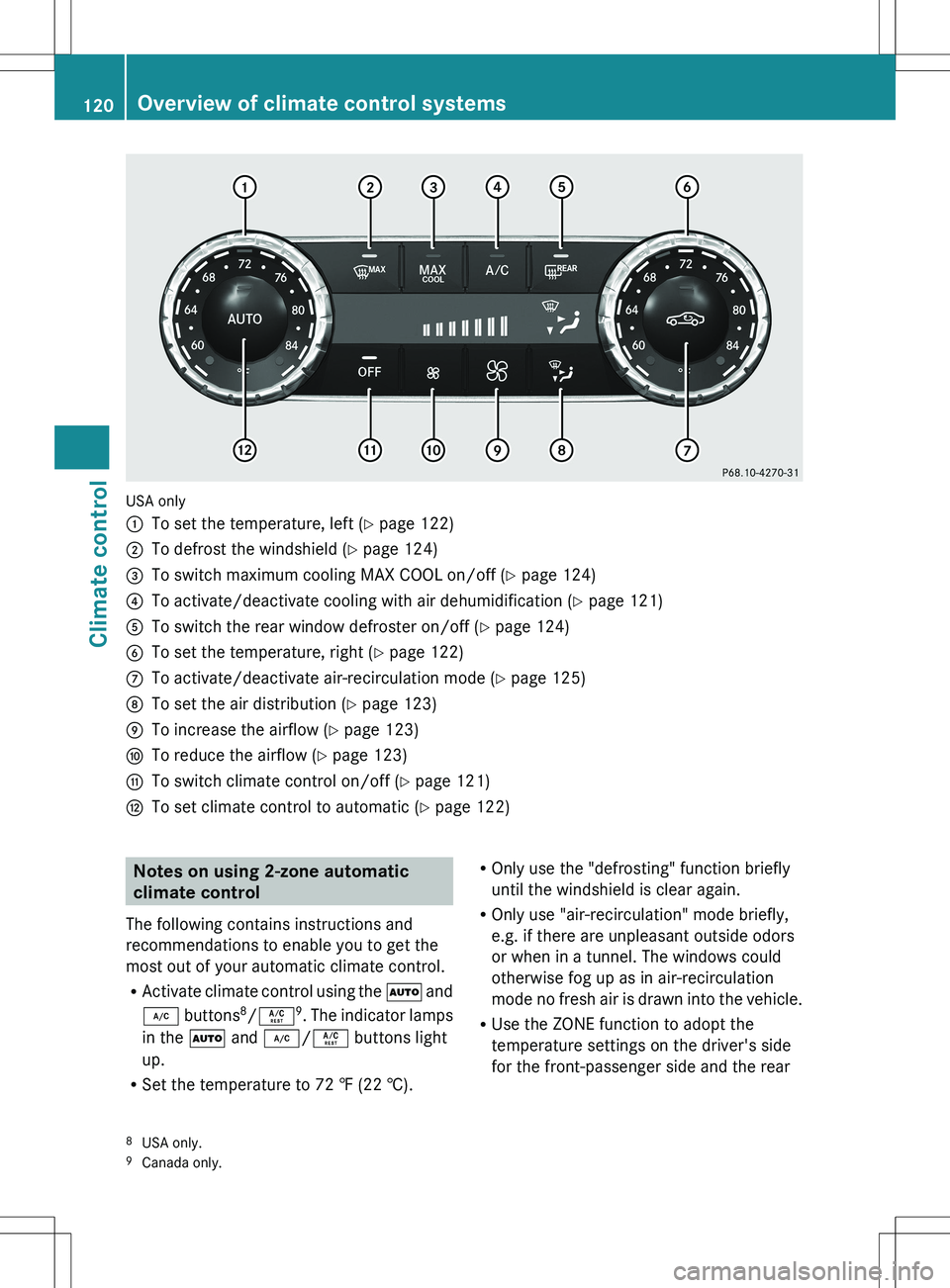 MERCEDES-BENZ SLK-CLASS ROADSTER 2012  Owners Manual USA only
:To set the temperature, left (Y page 122);To defrost the windshield ( Y page 124)=To switch maximum cooling MAX COOL on/off ( Y page 124)?To activate/deactivate cooling with air dehumidifica