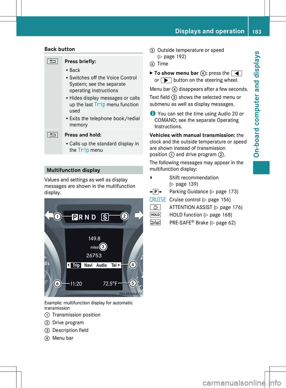 MERCEDES-BENZ SLK-CLASS ROADSTER 2012 Owners Manual Back button%Press briefly:
R Back
R Switches off the Voice Control
System; see the separate
operating instructions
R Hides display messages or calls
up the last Trip menu function
used
R Exits the te MERCEDES-BENZ SLK-CLASS ROADSTER 2012 Owners Manual Back button%Press briefly:
R Back
R Switches off the Voice Control
System; see the separate
operating instructions
R Hides display messages or calls
up the last Trip menu function
used
R Exits the te