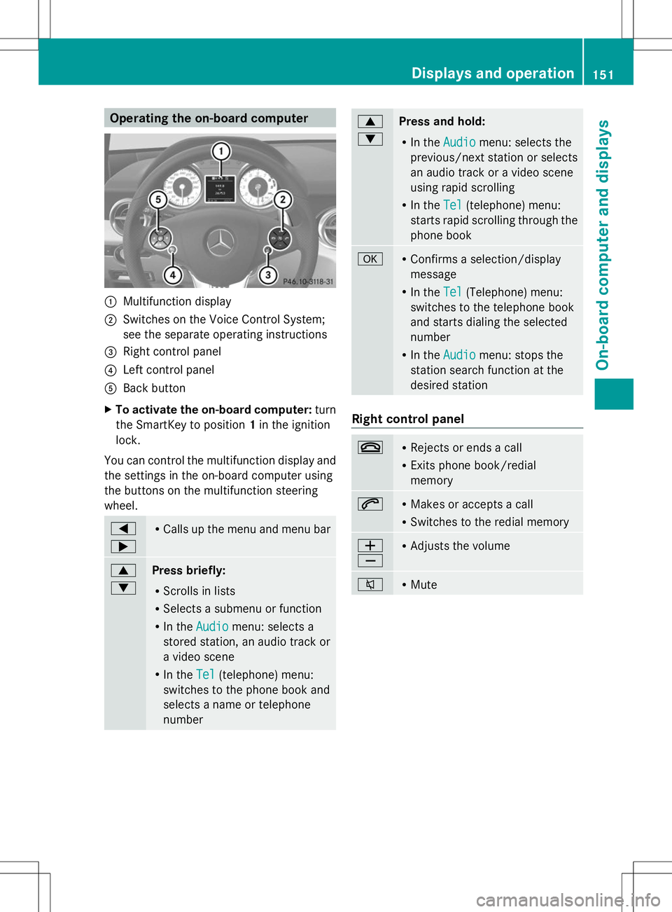 MERCEDES-BENZ SLS AMG COUPE 2014 Owners Manual Operating the on-board computer
:
Multifunction display
; Switches on the Voice Control System;
see the separate operating instructions
= Right control panel
? Left control panel
A Back button
X To ac MERCEDES-BENZ SLS AMG COUPE 2014 Owners Manual Operating the on-board computer
:
Multifunction display
; Switches on the Voice Control System;
see the separate operating instructions
= Right control panel
? Left control panel
A Back button
X To ac