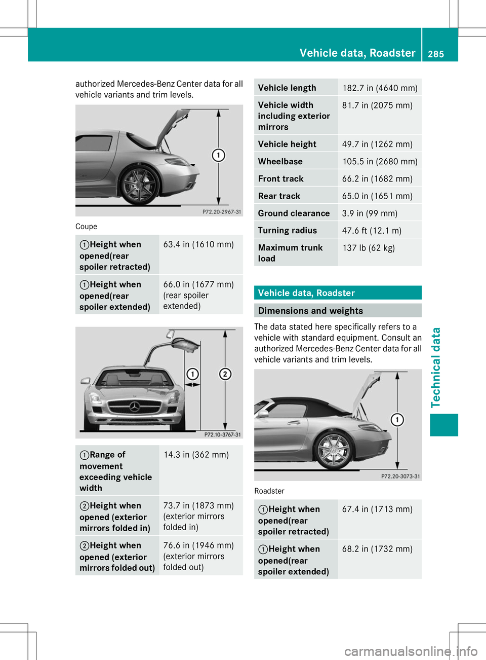 MERCEDES-BENZ SLS AMG ROADSTER 2014  Owners Manual authorized Mercedes-Benz Center data for all
vehicle variants and trim levels. Coupe
:Height when
opened(rear
spoiler retracted) 63.4 in (1610 mm)
:Height when
opened(rear
spoiler extended) 66.0 in (1