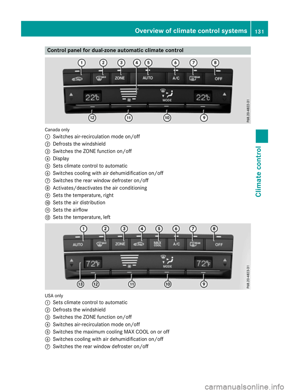 MERCEDES-BENZ WAGON 2016  Owners Manual Control panel for dual-zone automatic climate control
Canadaonly
:
Switches air-recirculation mode on/off
;Defrosts the windshield
=Switches the ZONE function on/off
?Display
ASets climate control to 