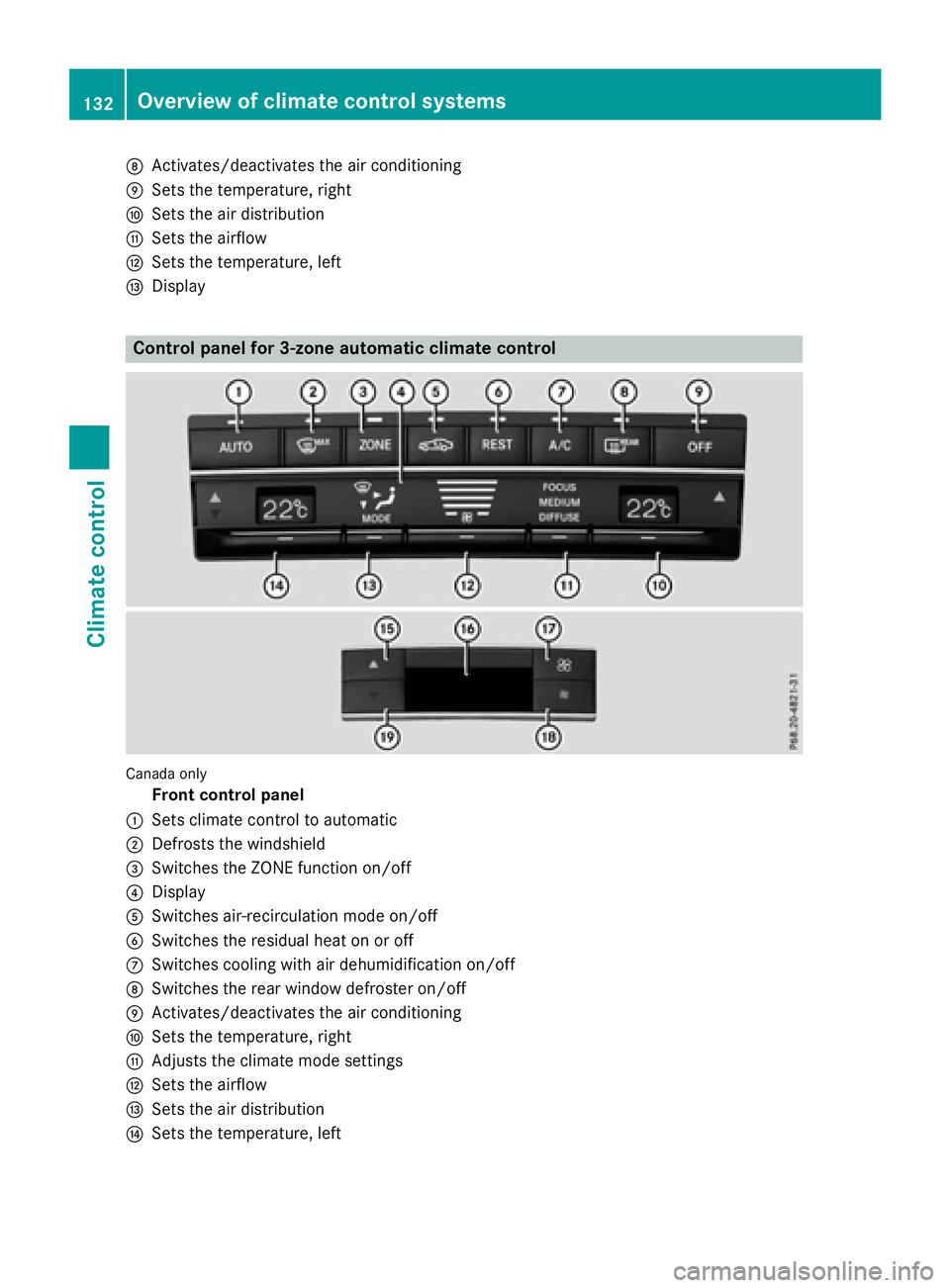 MERCEDES-BENZ WAGON 2016  Owners Manual DActivates/deactivates the air conditioning
ESets the temperature, right
FSets the air distribution
GSets the airflow
HSets the temperature, left
IDisplay
Control panel for 3-zone automatic climate co