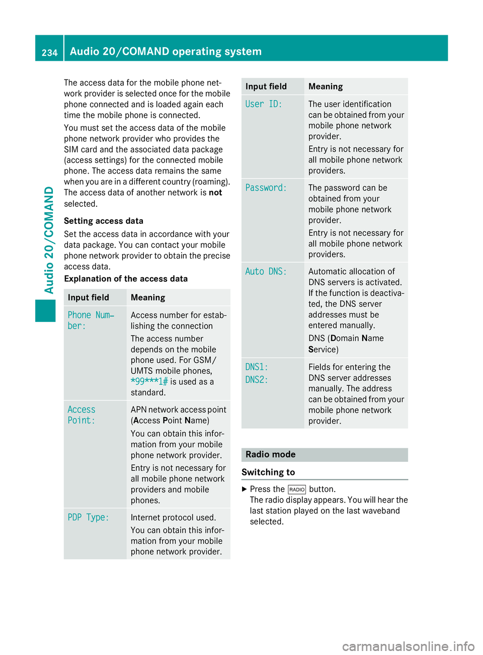 MERCEDES-BENZ WAGON 2016 Owners Manual The access data for the mobile phone net-
work provider is selected once for the mobile
phone connected and is loaded again each
time the mobile phone is connected.
You must set the access data of the MERCEDES-BENZ WAGON 2016 Owners Manual The access data for the mobile phone net-
work provider is selected once for the mobile
phone connected and is loaded again each
time the mobile phone is connected.
You must set the access data of the