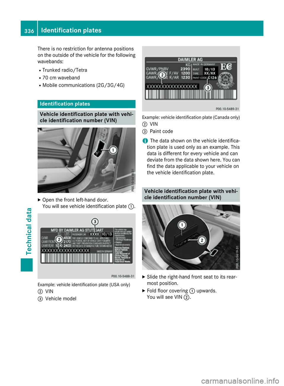 MERCEDES-BENZ WAGON 2016  Owners Manual There is no restriction for antenna positions
on the outside of the vehicle for the following
wavebands:
RTrunked radio/Tetra
R70 cm waveband
RMobile communications (2G/3G/4G)
Identification plates
Ve