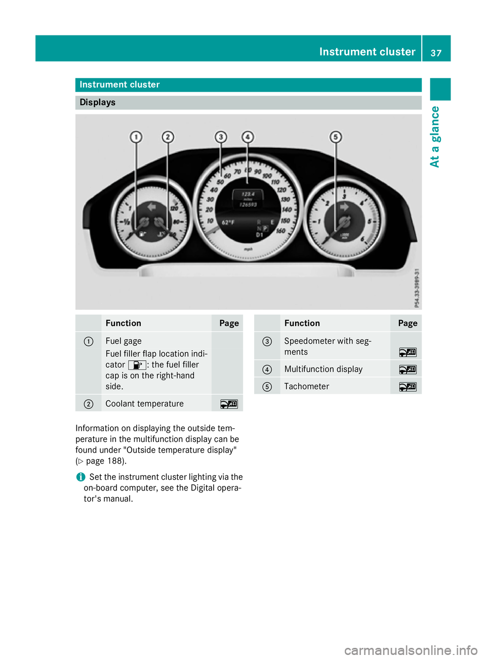 MERCEDES-BENZ WAGON 2016  Owners Manual Instrument cluster
Displays
FunctionPage
:Fuel gage
Fuelfiller flap location ind i-
cator 8: the fuel filler
cap ison the right-hand
side .
;Coolant temperature~
FunctionPage
=Speedometer with seg-
me