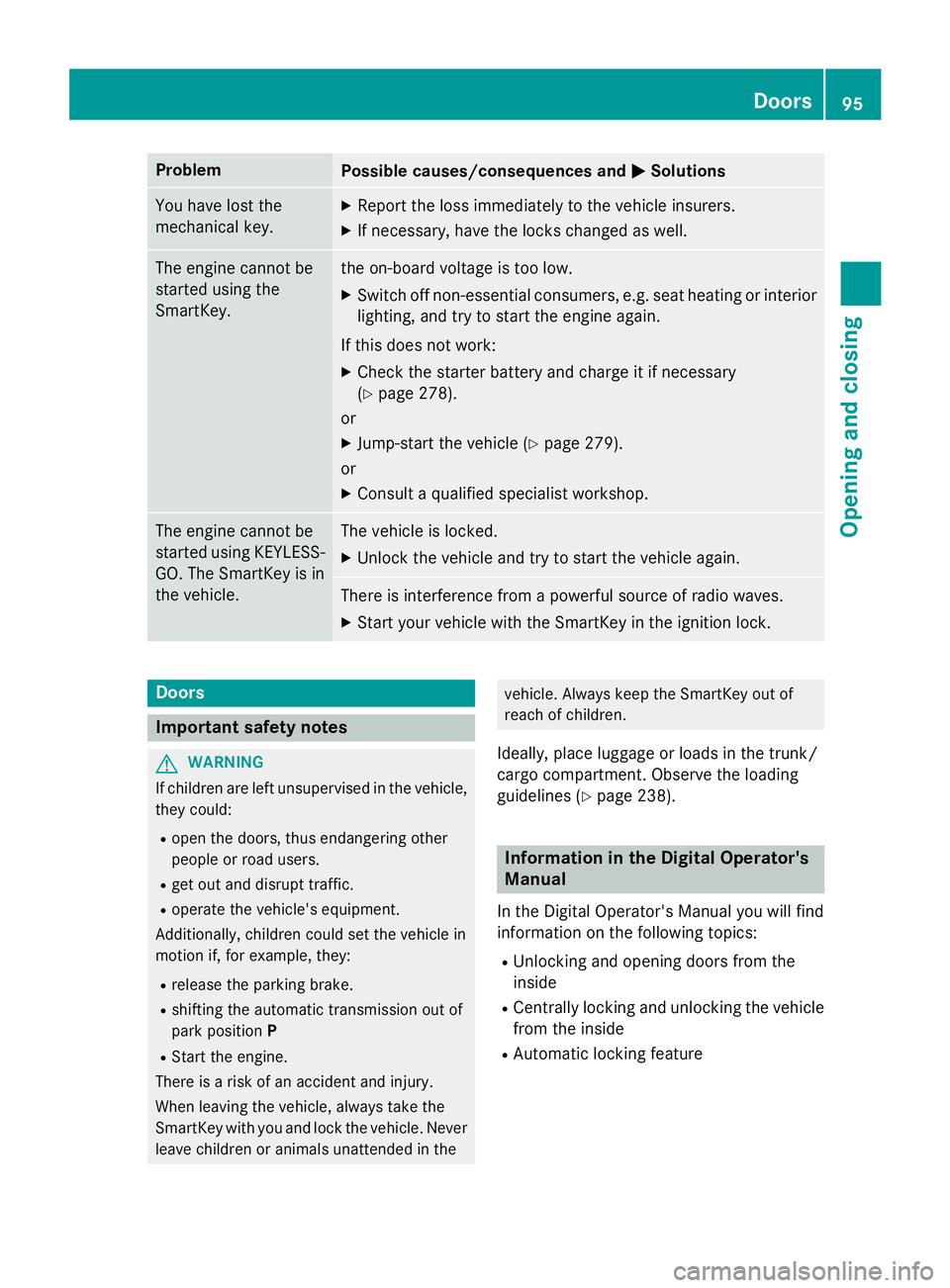 MERCEDES-BENZ WAGON 2016 Owners Manual ProblemPossible causes/consequences andMSolutions
You have lost the
mechanical key.XReport the loss immediately to the vehicle insurers.
XIf necessary, have the locks changed as well.
The engine canno MERCEDES-BENZ WAGON 2016 Owners Manual ProblemPossible causes/consequences andMSolutions
You have lost the
mechanical key.XReport the loss immediately to the vehicle insurers.
XIf necessary, have the locks changed as well.
The engine canno