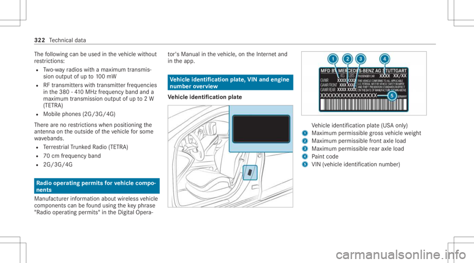 MERCEDES-BENZ A CLASS 2022  Owners Manual The
follo wing canbeused intheve hicle without
re strictions :
R Two-w ayradios withamaximum transmis ‐
sion output ofup to100mW
R RFtransmi tter swit htransmi tter freq uenci es
in the380 -41 0MHz 