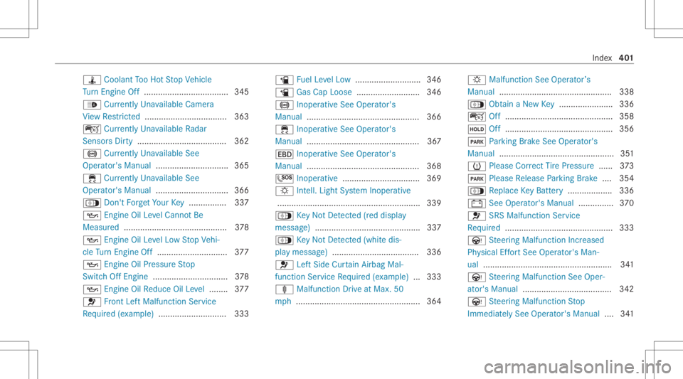 MERCEDES-BENZ A CLASS 2022  Owners Manual ÿ
Coolan tTo oHo tSt op Vehicle
Tu rn Engi neOff............ ........................ 345
00CE Current lyUn available Camera
Vi ew Restrict ed <0011001100110011001100110011001100110011001100110011001