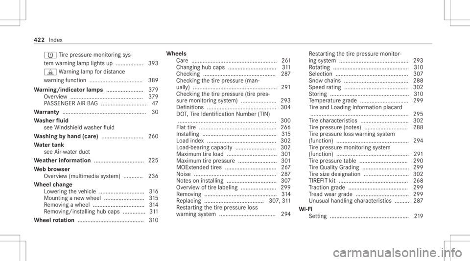 MERCEDES-BENZ A CLASS 2022 Owners Manual 0077
Tire pressur emonit oring sys‐
te m wa rning lam plight sup .................3 93
L Warning lam pfo rdis tance
wa rning func tion .... ........................ .....3 89
Wa rning/indicat orlam MERCEDES-BENZ A CLASS 2022 Owners Manual 0077
Tire pressur emonit oring sys‐
te m wa rning lam plight sup .................3 93
L Warning lam pfo rdis tance
wa rning func tion .... ........................ .....3 89
Wa rning/indicat orlam