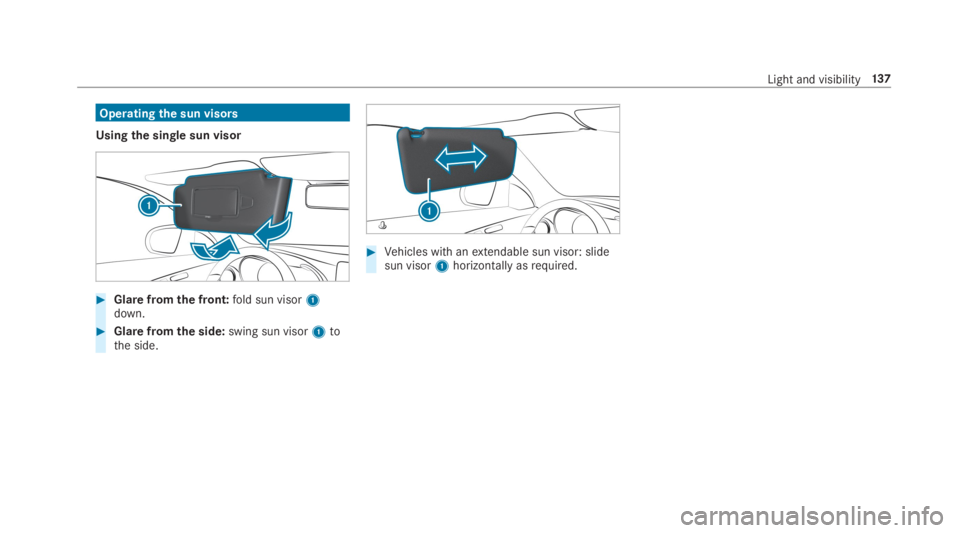 MERCEDES-BENZ C CLASS 2019  Owners Manual Operatingthe sun visors
Usingthe single sun visor
�Glarefromthe front:fold sun visor1down.
�Glare fromthe side:swing sun visor1tothe side.
�Vehicles with anextendable sun visor: slidesun visor1hori
