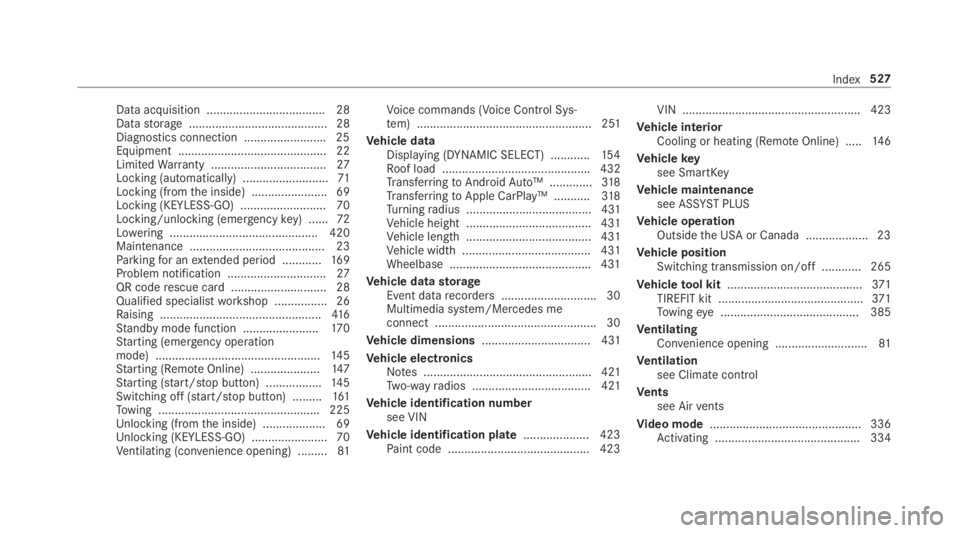 MERCEDES-BENZ C CLASS 2019  Owners Manual Data acquisition .................................... 28Datastorage .......................................... 28Diagnostics connection .........................25Equipment ...........................