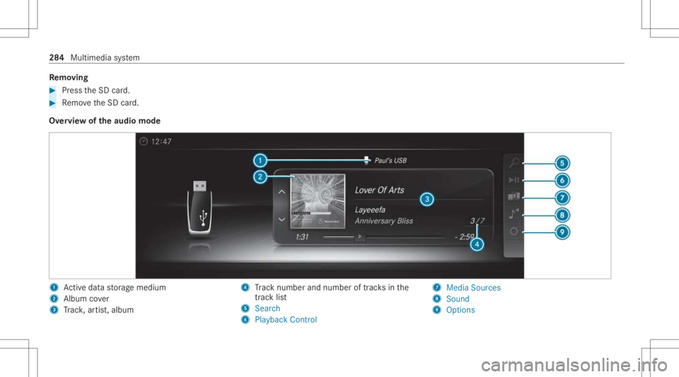 MERCEDES-BENZ C CLASS 2021  Owners Manual Re
mo ving #
Pres sth eSD card. #
Remo vetheSD card.
Ov ervie wof theaud iomod e 1
Activeda ta stor ag emedium
2 Album cover
3 Trac k, artis t,album 4
Trac knum berand num beroftrac ks inthe
tr ac kli