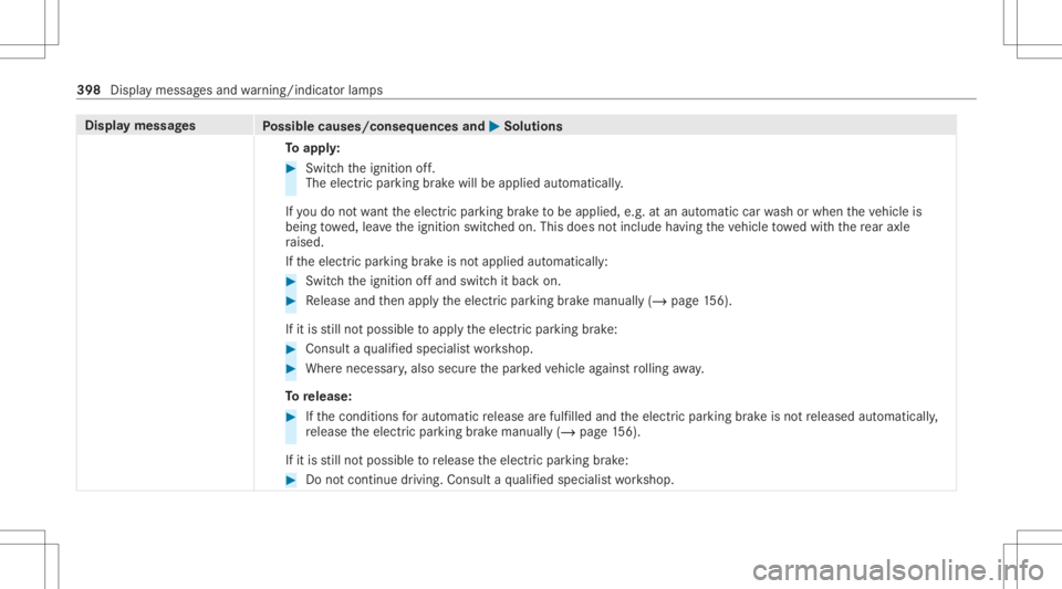MERCEDES-BENZ C CLASS 2021  Owners Manual Disp
laymes sages
Possible causes/conseq uencesand0050 0050
Solutions
To appl y: #
Swi tchth eignition off.
The electr icpar king brak ewill beapplied automaticall y.
If yo udo notwa nttheelectr icpar