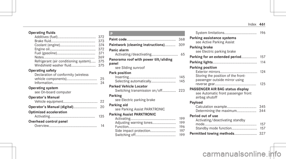 MERCEDES-BENZ C CLASS 2021  Owners Manual Oper
ating fluids
Ad ditiv es(fuel) .................................. .....3 72
Br ak efluid ........................................ .....3 73
Coolan t(en gine).................................... 3