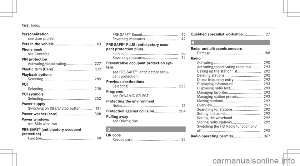 MERCEDES-BENZ C CLASS 2021  Owners Manual Pe
rsonaliz ation
see User profile
Pe ts inthe vehicl e...... .................................63
Phone book
see Cont acts
PIN protection
Ac tivati ng/d eactiv ating........... ..............227
Pl as