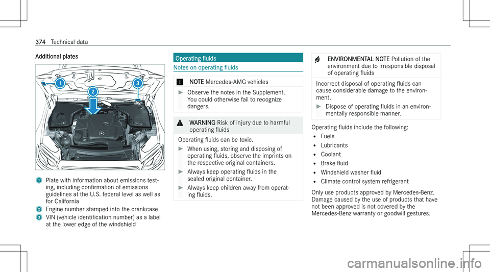 MERCEDES-BENZ C CLASS 2023  Owners Manual �A�d�d�i�t�i�o�n�a�l� �p�l�a�t�e�s�1�P�l�a�t�e� �w�i�t�h� �i�n�f�o�r�m�a�t�i�o�n� �a�b�o�u�t� �e�m�i�s�s�i�o�n�s� �t�e�s�t�-
�i�n�g�,� �i�n�c�l�u�d�i�n�g�  �c�o�nN�r�m�a�t�i�o�n� �o�f� �e�m�i�s�s�i�o