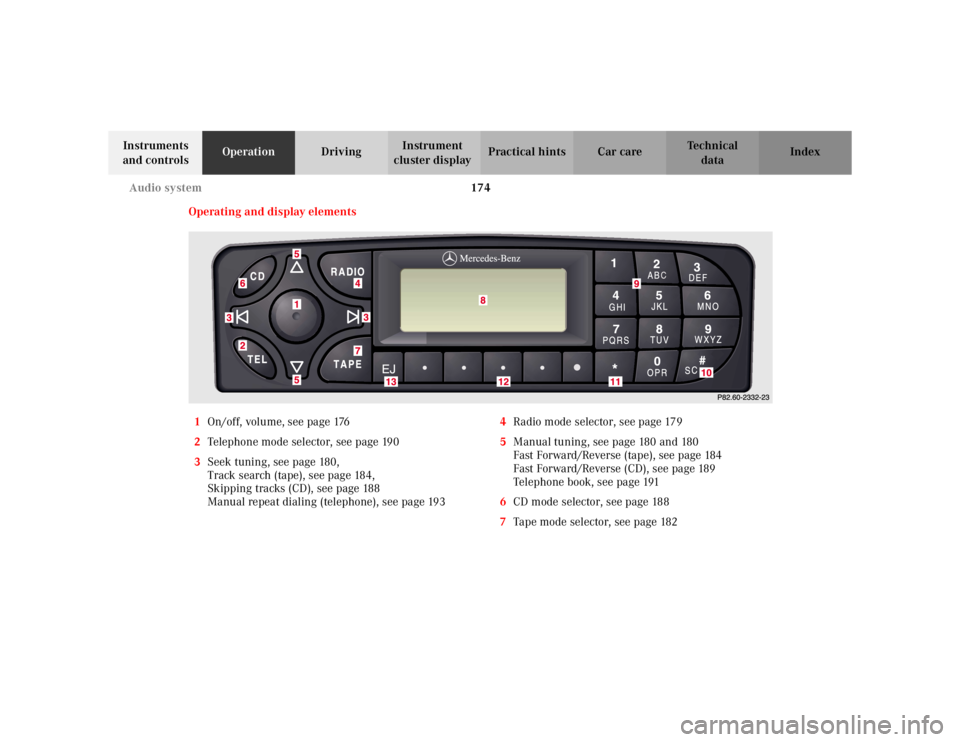 MERCEDES-BENZ C CLASS COUPE 2002  Owners Manual 174
Audio system
Te ch n i c a l
data
Instruments 
and controls Operation
DrivingInstrument 
cluster display Practical hints Car care Index
Operating and display elements
1 On/off, volume, see page 17