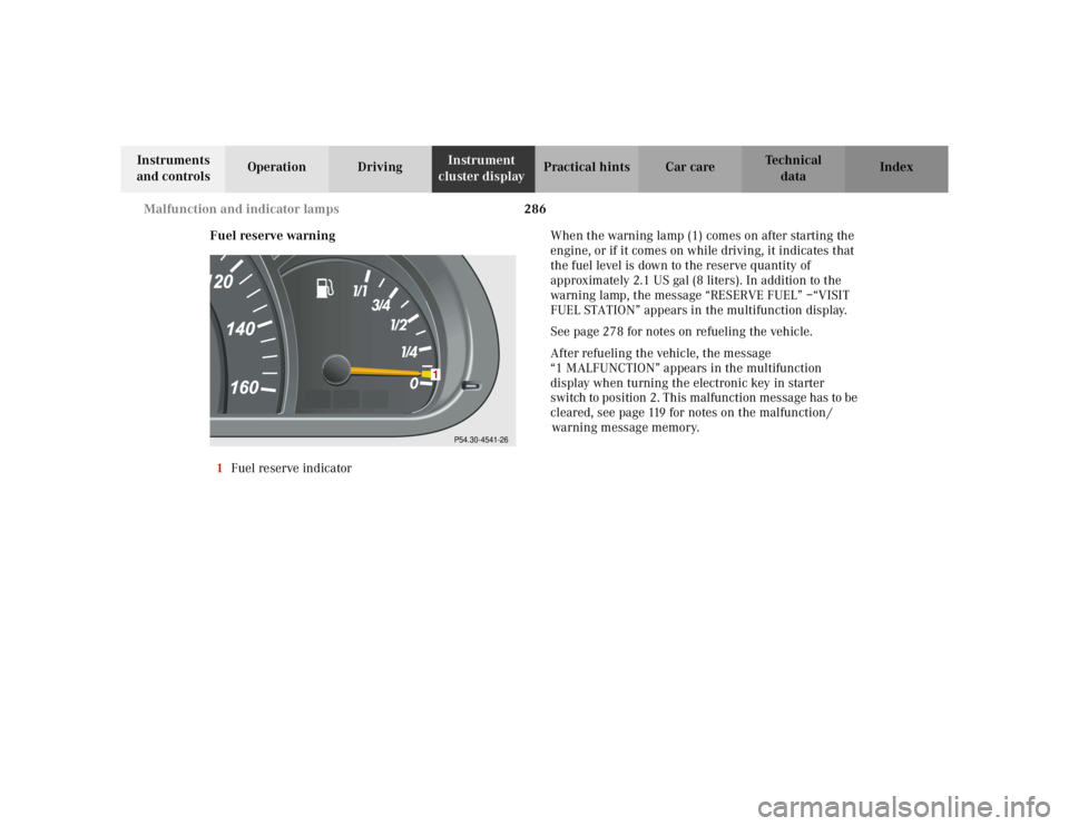 MERCEDES-BENZ C CLASS COUPE 2002  Owners Manual 286
Malfunction and indicator lamps
Te ch n i c a l
data
Instruments 
and controls Operation Driving
Instrument 
cluster display Practical hints Car care Index
Fuel reserve warning
1 Fuel reserve indi