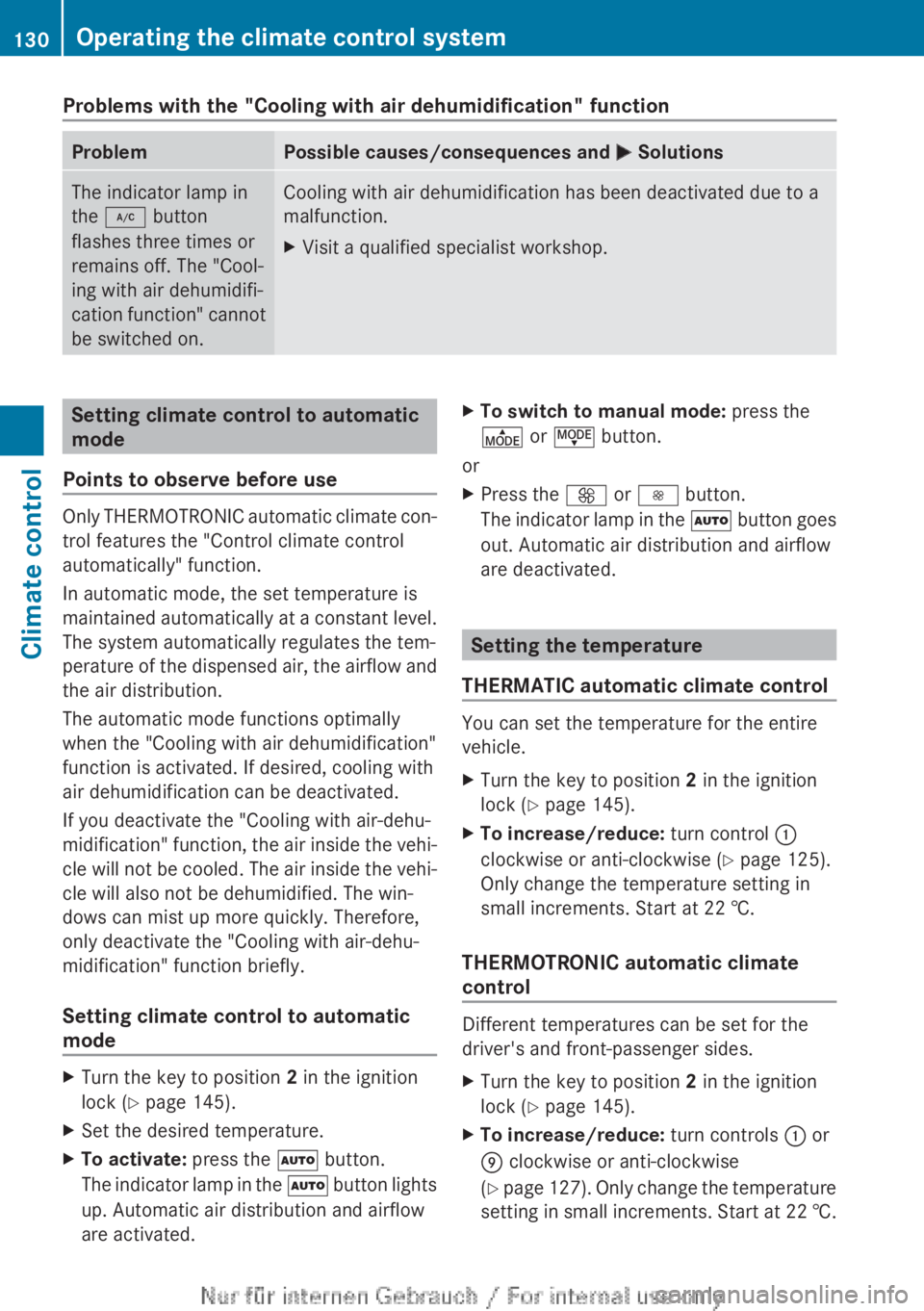 MERCEDES-BENZ CLA 2013  Owners Manual Problems with the "Cooling with air dehumidification" functionProblemPossible causes/consequences and M SolutionsThe indicator lamp in
the  ¿  button
flashes three times or
remains off. The &