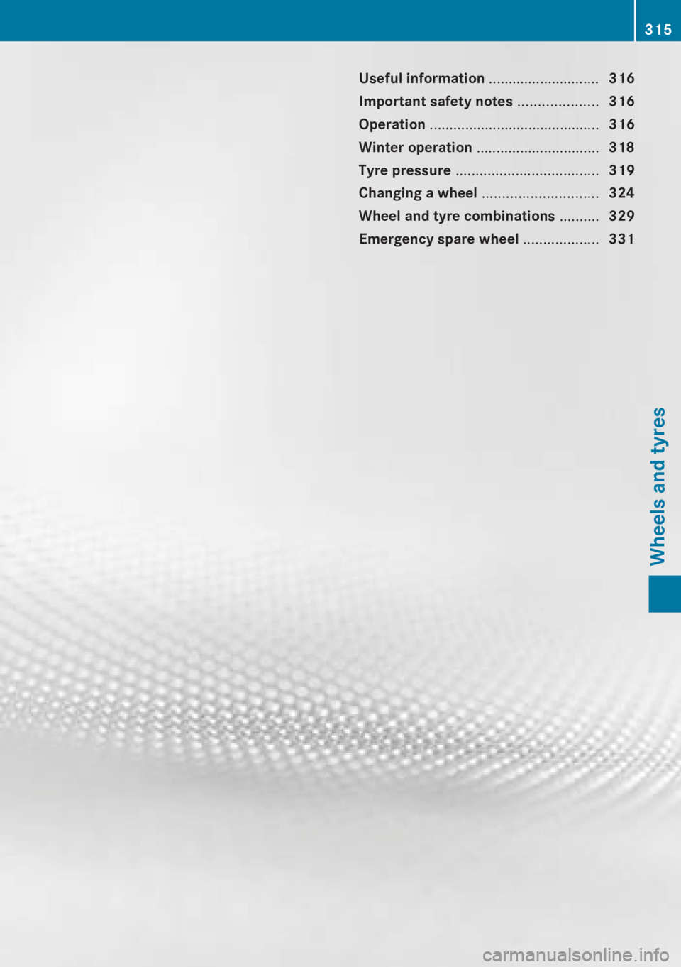 MERCEDES-BENZ CLA 2013  Owners Manual Useful information ............................316
Important safety notes  ....................316
Operation  ........................................... 316
Winter operation  ........................