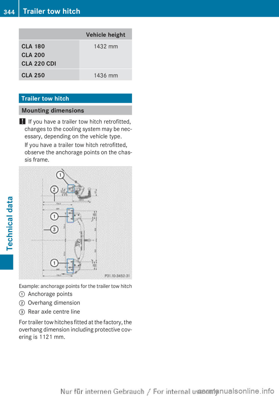 MERCEDES-BENZ CLA 2013  Owners Manual Vehicle heightCLA 180
CLA 200
CLA 220 CDI1432 mmCLA 2501436 mm
Trailer tow hitch
Mounting dimensions
!  If you have a trailer tow hitch retrofitted,
changes to the cooling system may be nec-
essary, d