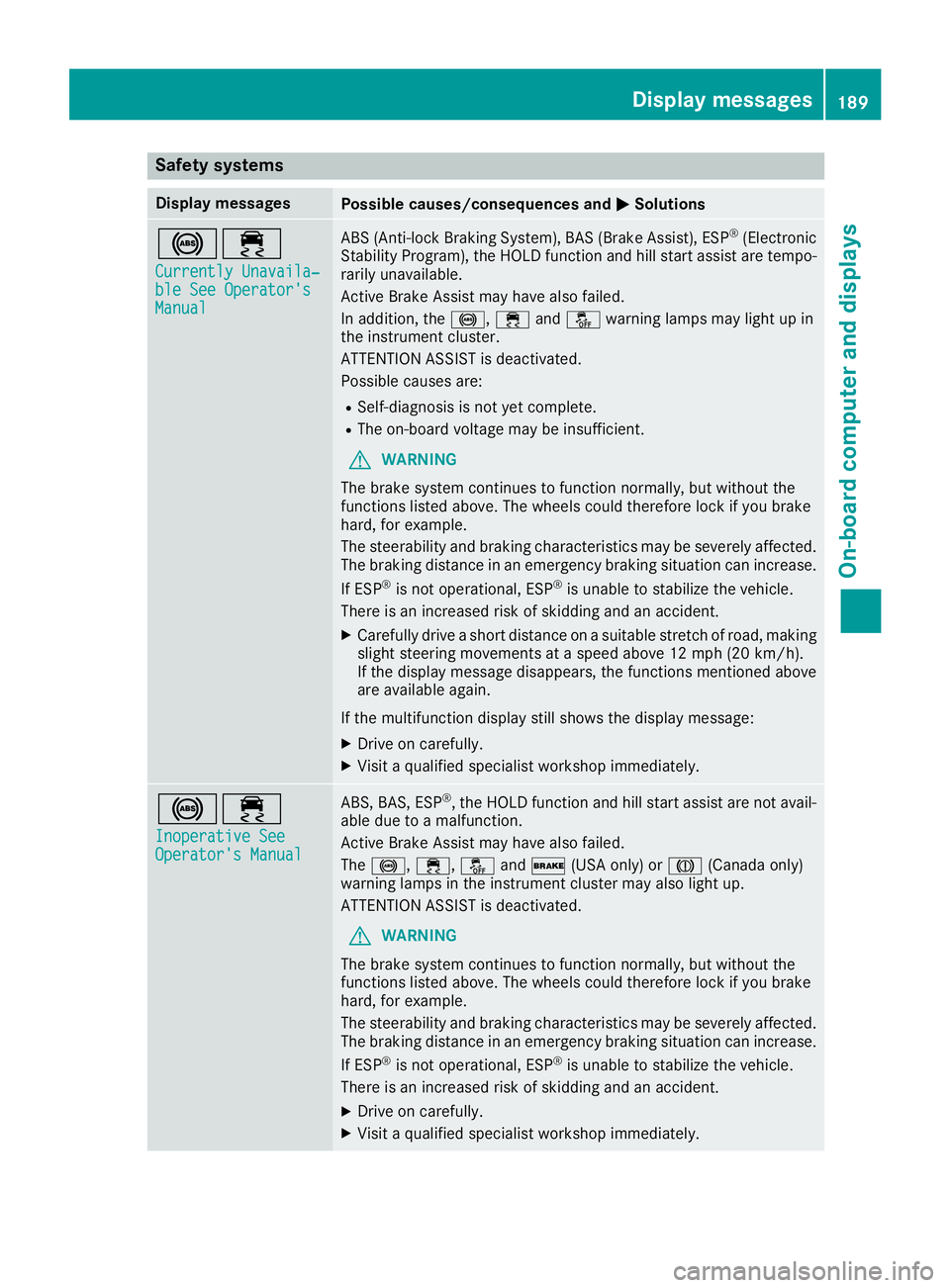 MERCEDES-BENZ CLA 2017  Owners Manual Safety systems Display messages
Possible causes/consequences and �P Solutions
�%�