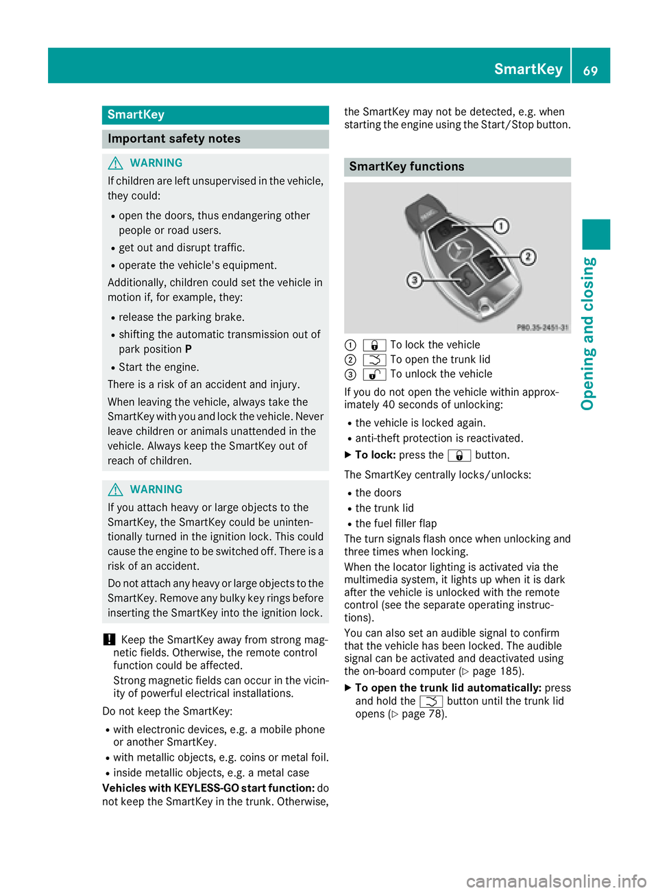 MERCEDES-BENZ CLA 2017  Owners Manual SmartKey
Important safety notes
G WARNING
If children are left unsupervised in the vehicle,
they could: R
open the doors, thus endangering other
people or road users. R
get out and disrupt traffic. R
